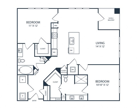 Floor plan for 2 beds, 2 baths, 1153 sqft